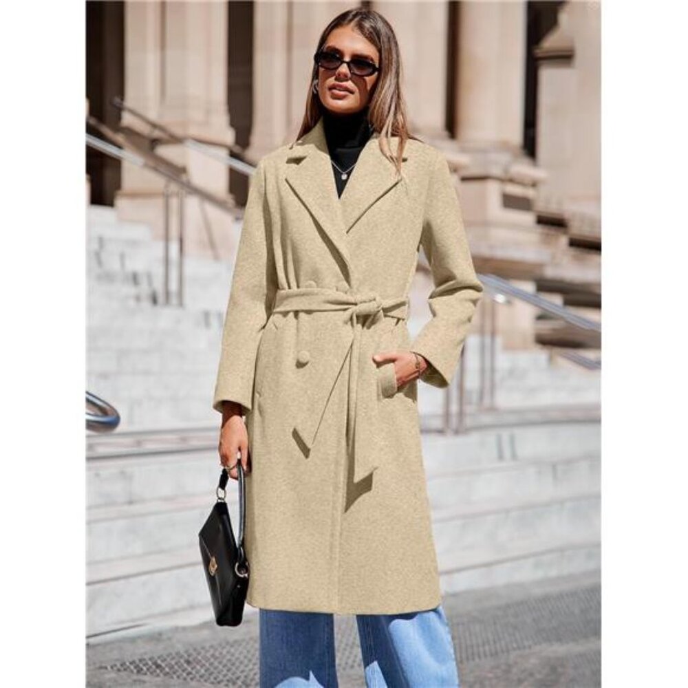 Women's Winter Lapel Collar Pea Coat Double Breasted Long Overcoat Trench Coat - Picture 2 of 7